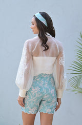 White Embroidered Organza Shirt & Linen Shorts Set