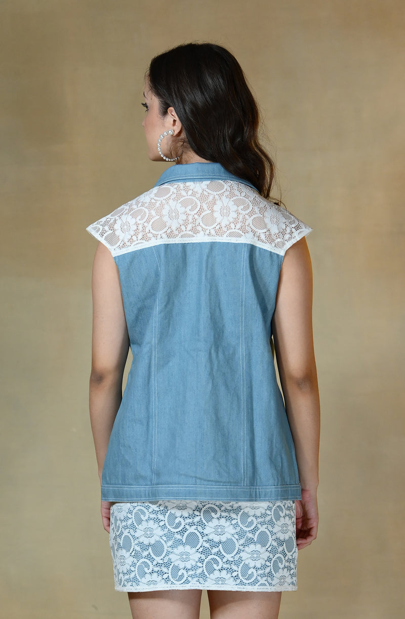 Denim Jacket & Skirt Set With Lace Detailing