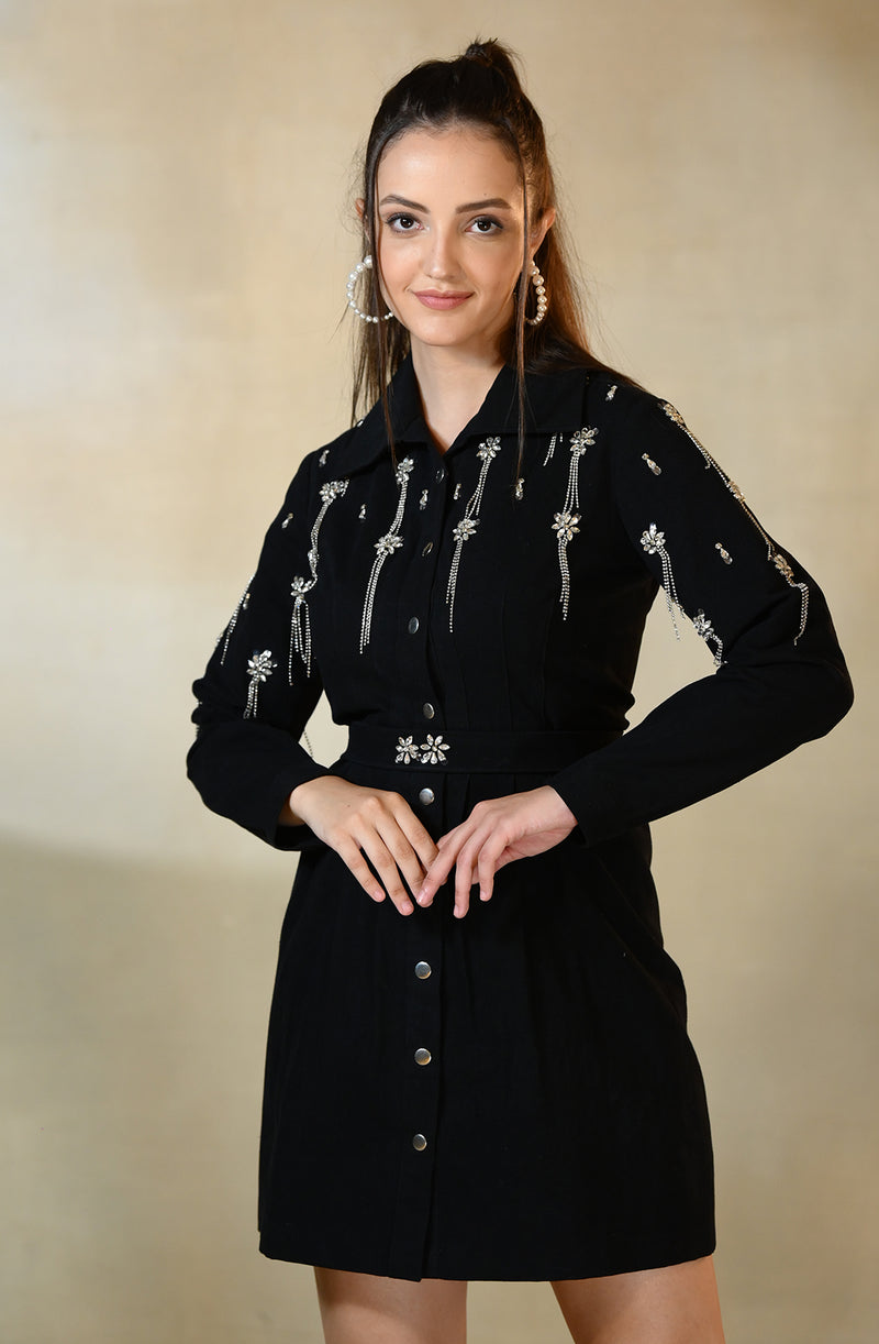 Black Denim Embroidered Dress
