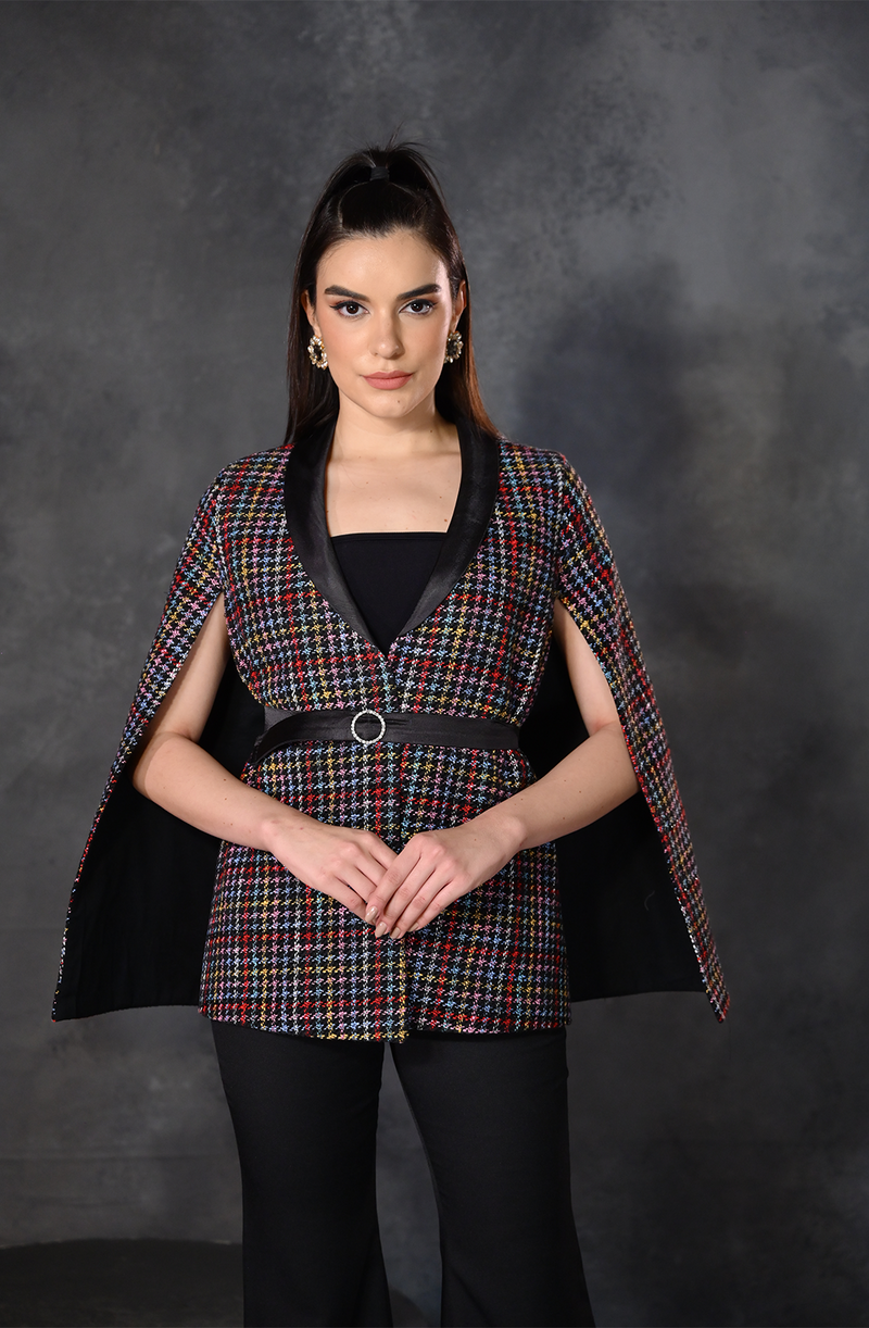 Multi Colour Tweed Cape With Belt - Main Image