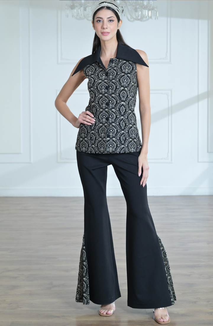 Black & Golden Sleeveless Jacket Set