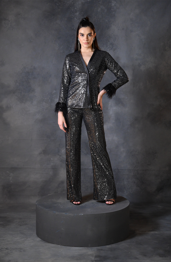Black sequin pant suit deals