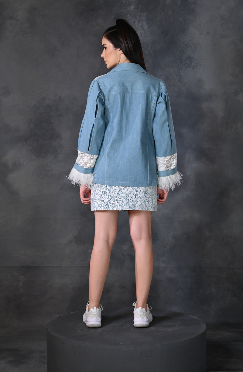 Denim Lace & Feather Skirt Set