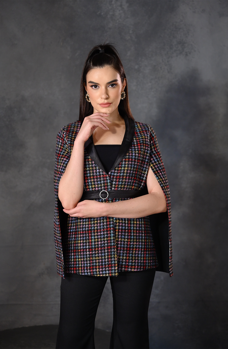 Multi Colour Tweed Cape With Belt