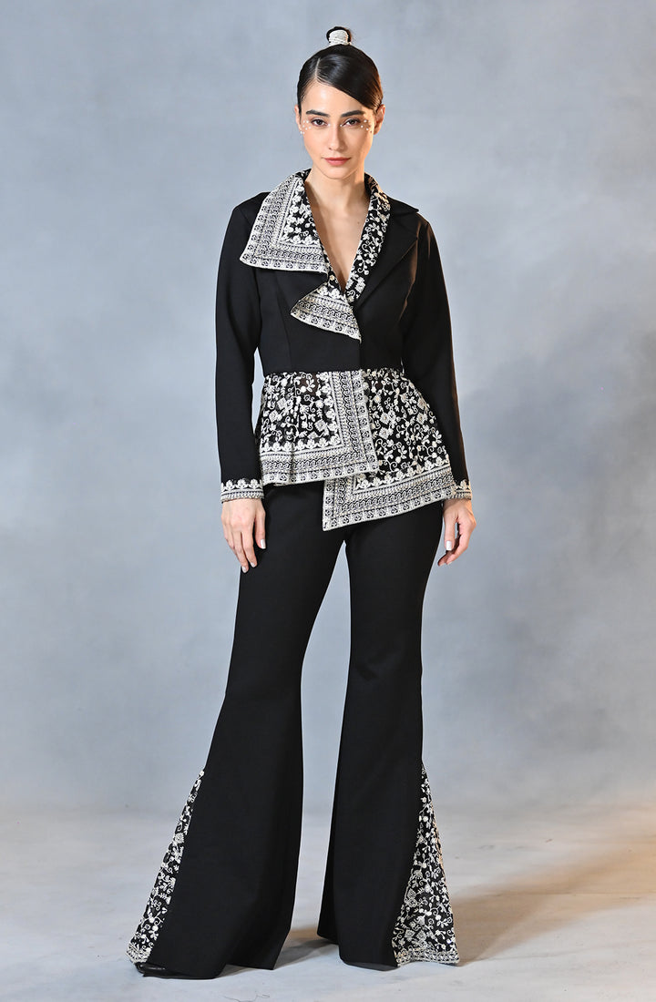 Black Asymmetrical Drape Blazer Pant Set