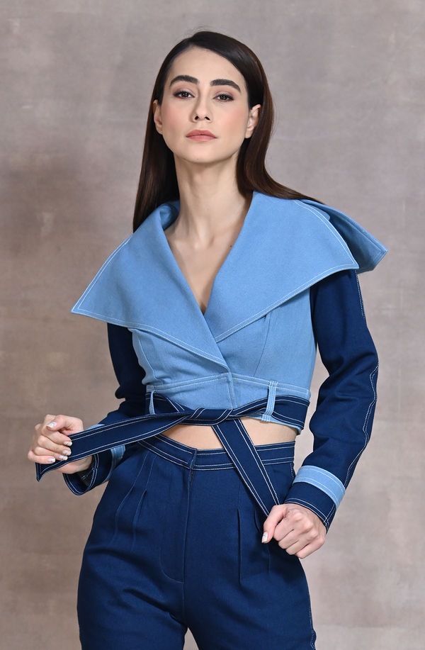 Blue Rayon Crop Top with Umbrella Sleeves – GlamRoad