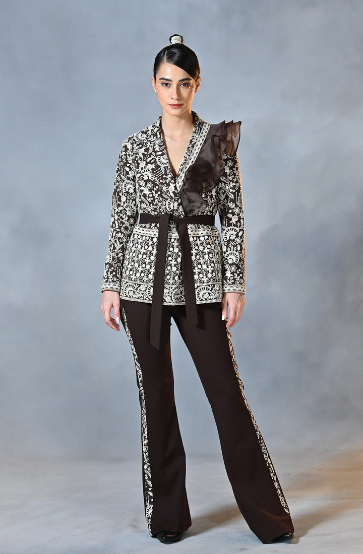 Brown Embroidered Blazer Pant Set