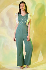 Sea Green Embroidered Jumpsuit With Ruffle Detail