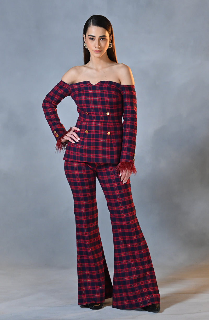 Red Blue Winter Check Top