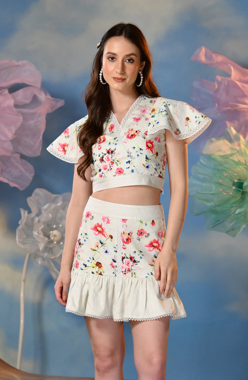 White Floral Skirt Set