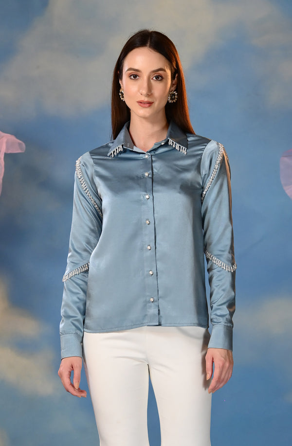 Blue Satin Lace Shirt