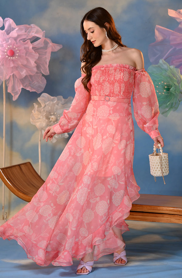 Pink Organza Printed Gown