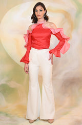 Two Tone Organza Top With Ruffle Detailing