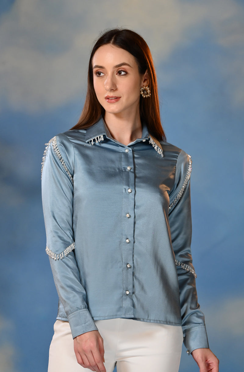 Blue Satin Lace Shirt