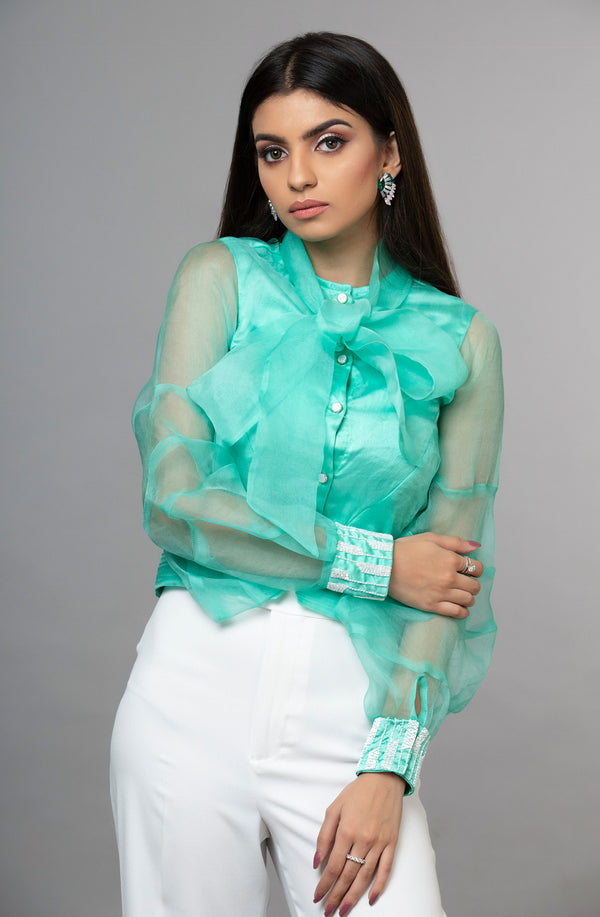 Embroidered Organza Shirt With Bow