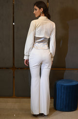 White Embroidered Shirt & Pant Set With Corset Belt
