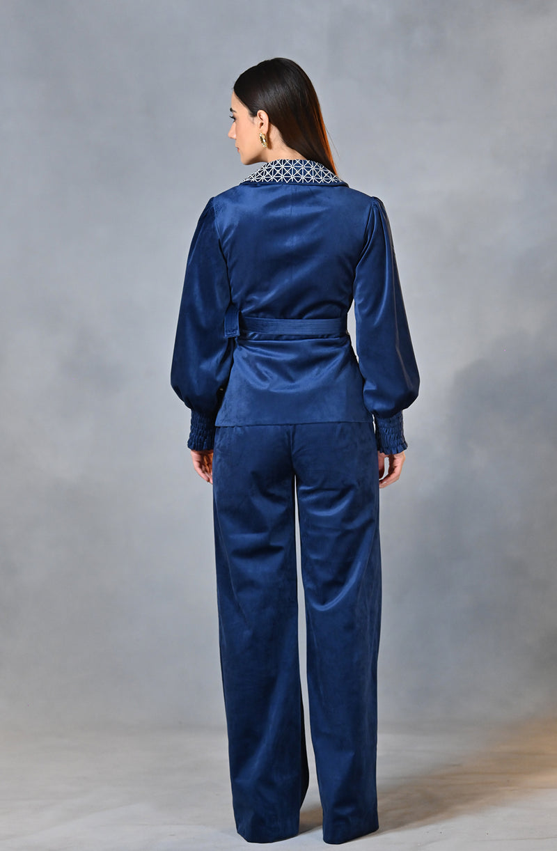 Sapphire Blue Velvet Embroidered Blazer Set