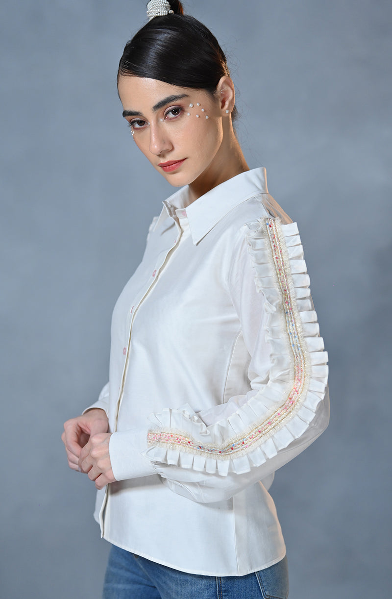 White Pleated Lace Shirt