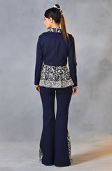 Blue Asymmetrical Drape Blazer Pant Set