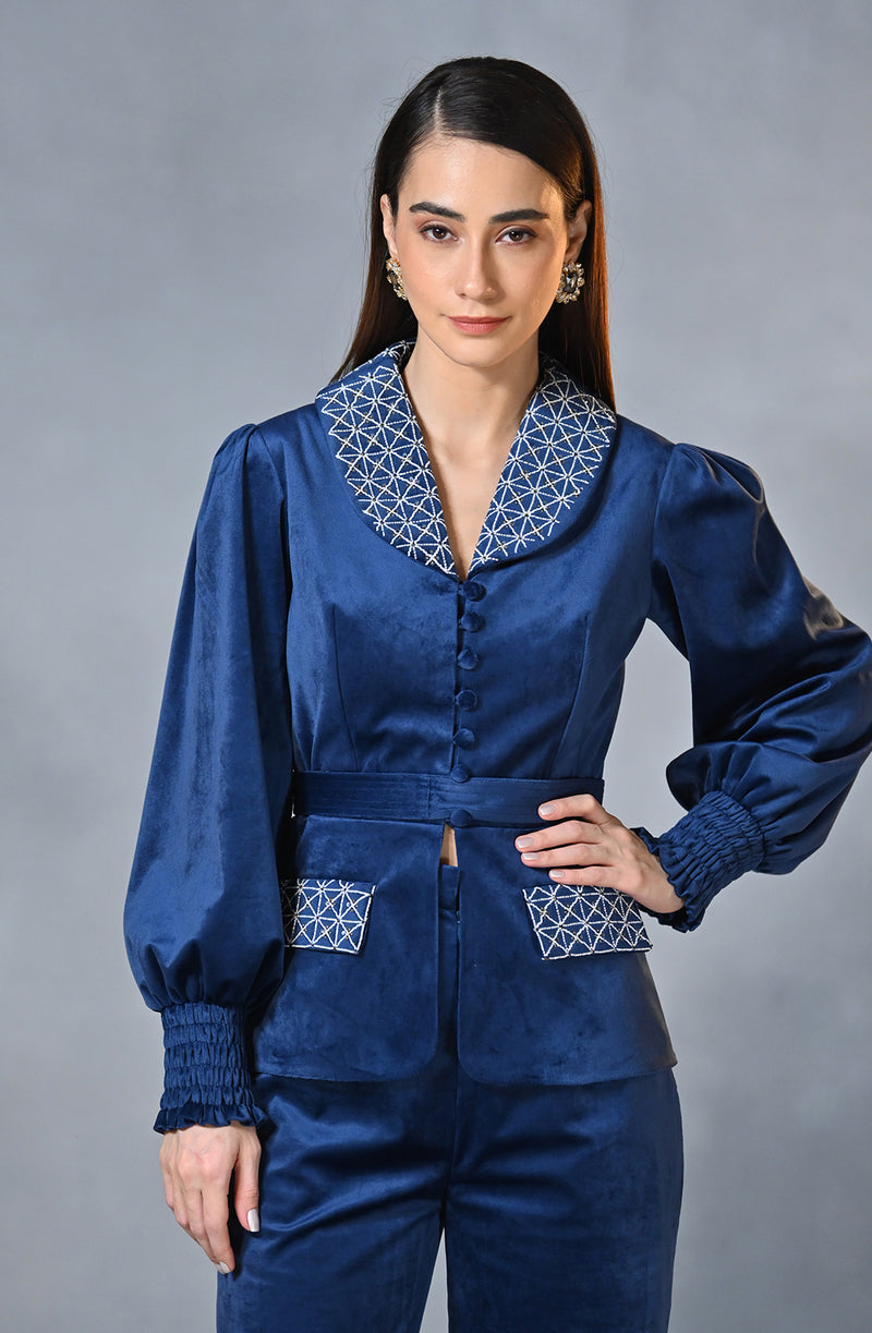 Sapphire Blue Velvet Embroidered Blazer