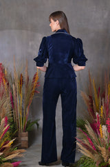 Dark Blue Velvet Blazer Pant Set