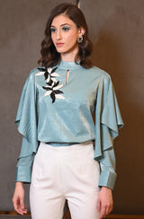 Green Embroidered Top With Frill Sleeves