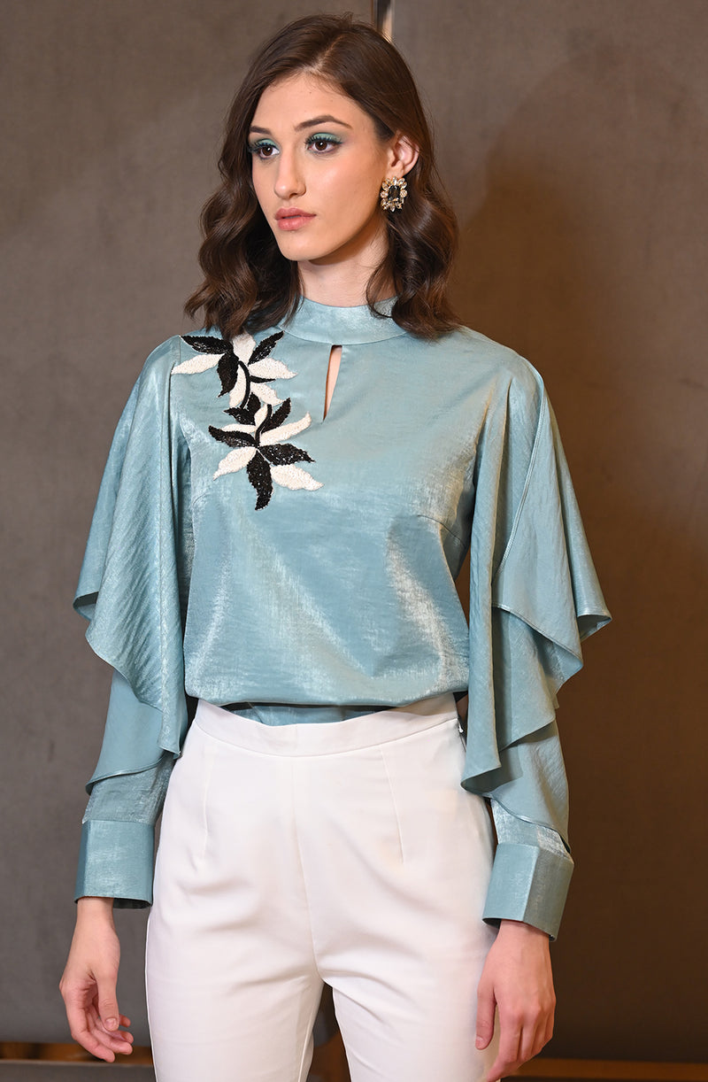 Green Embroidered Top With Frill Sleeves