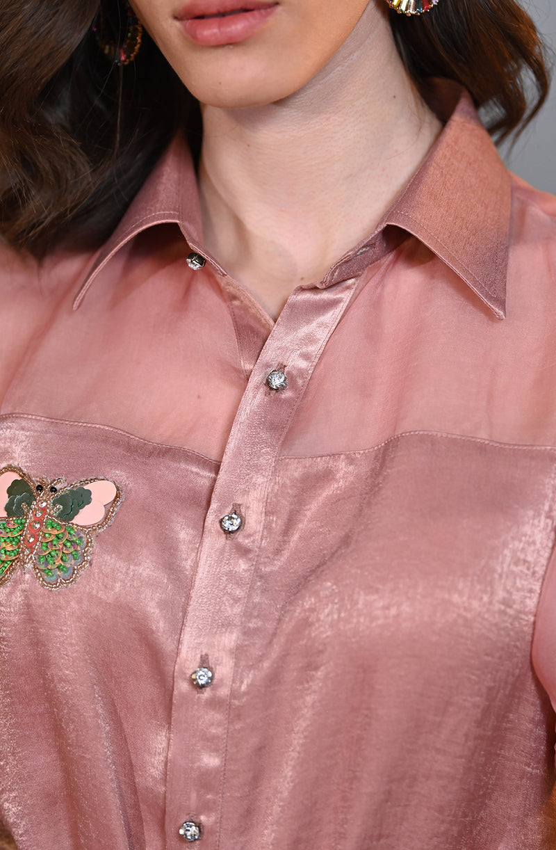 Rose Gold Embroidered Shirt With Belt