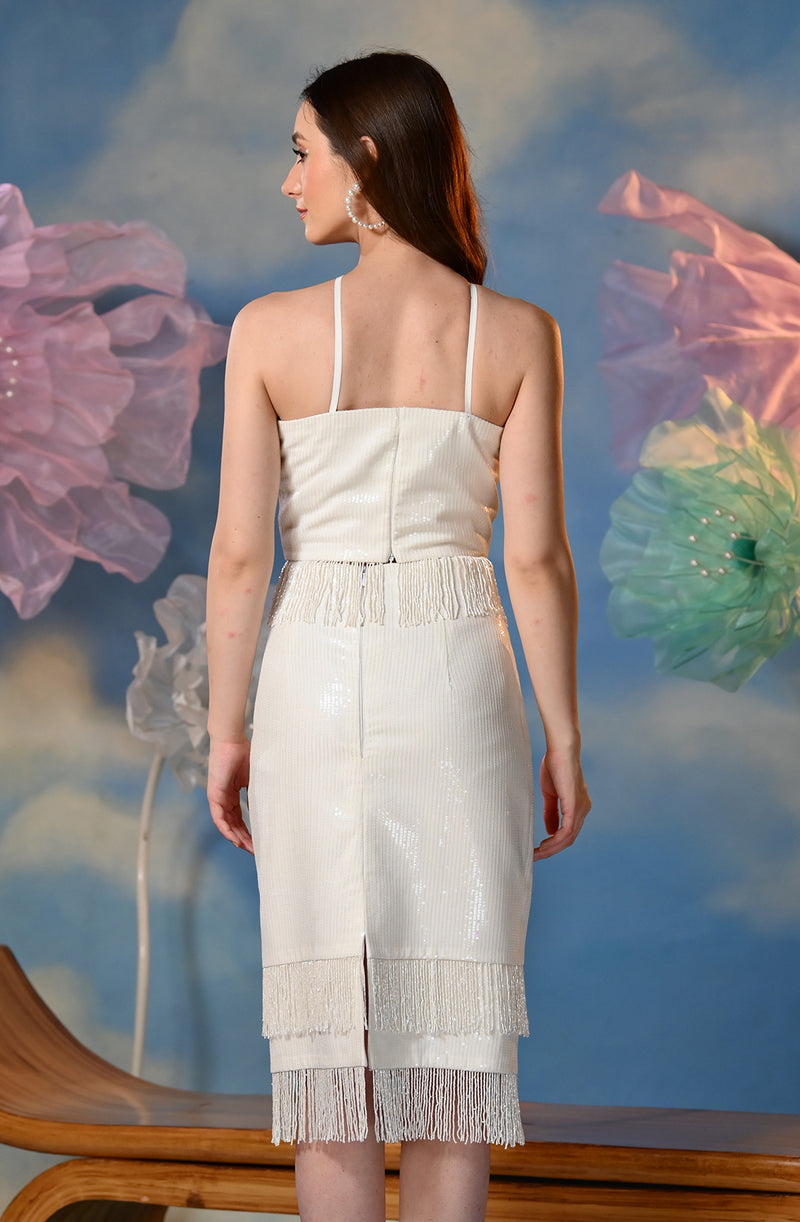 White Sequin Fringe Top & Skirt Set