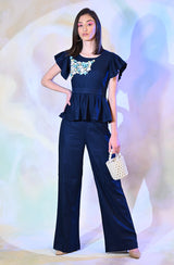 Navy Blue Embroidered Co Ord Set With Belt