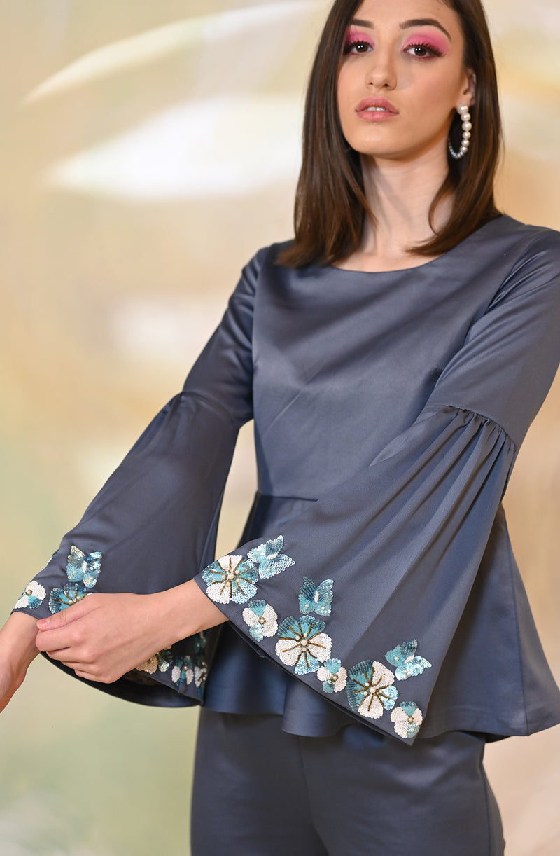 Steel Blue Embroidered Top