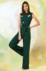 Dark Green Embroidered Shirt & Pant Set With Belt