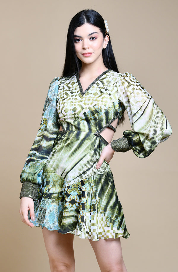 Green Abstract Print Cut Out Dress