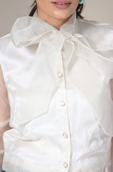 White Embroidered Organza Shirt With Bow