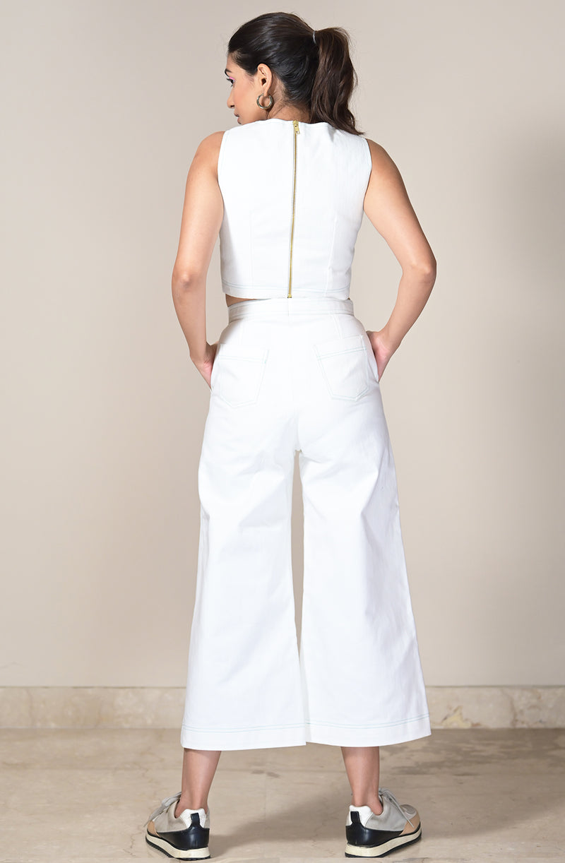 White Denim Co-ord Set With Contrast Stitch Detail
