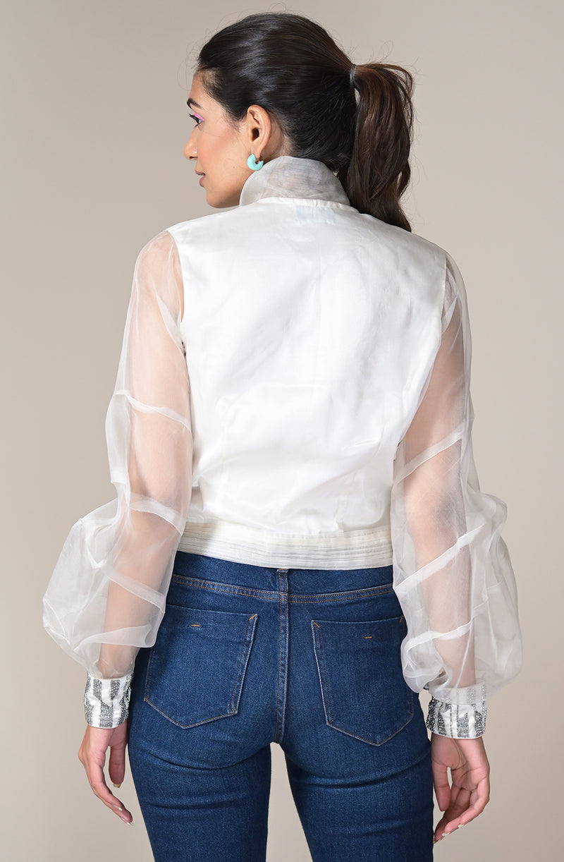 White Embroidered Organza Shirt With Bow