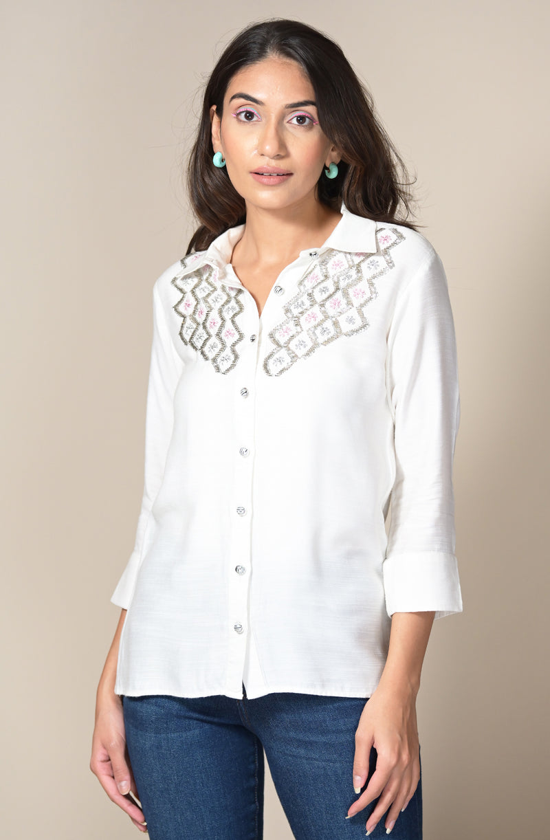White Neck Embroidered Shirt