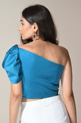 Turquoise Blue One-Shoulder Crop Top