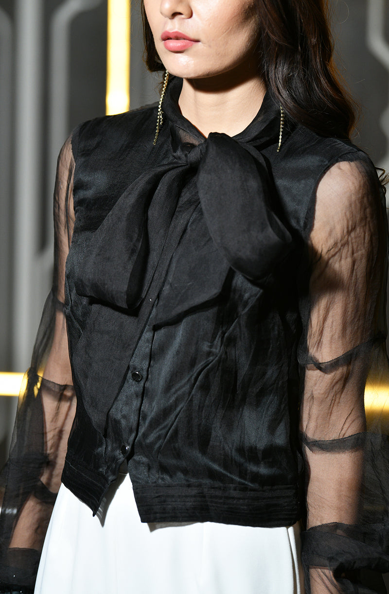 Black Embroidered Organza Shirt With Bow