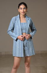 Polka Print Denim Blazer Skorts Set